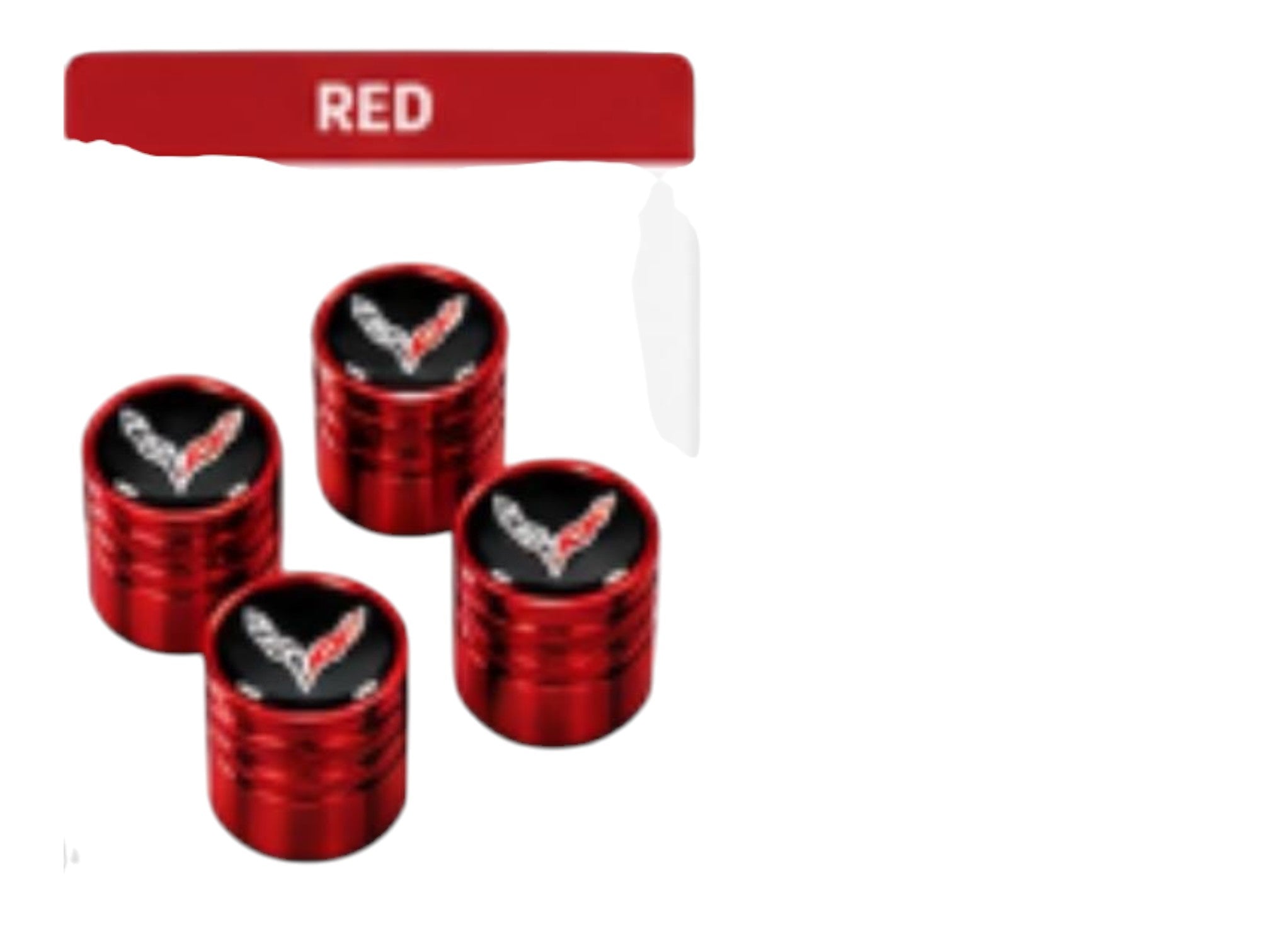 T-Top Vibes red anodized billet aluminum C8 Corvette valve stem caps with crossed-flags emblem, set of four.