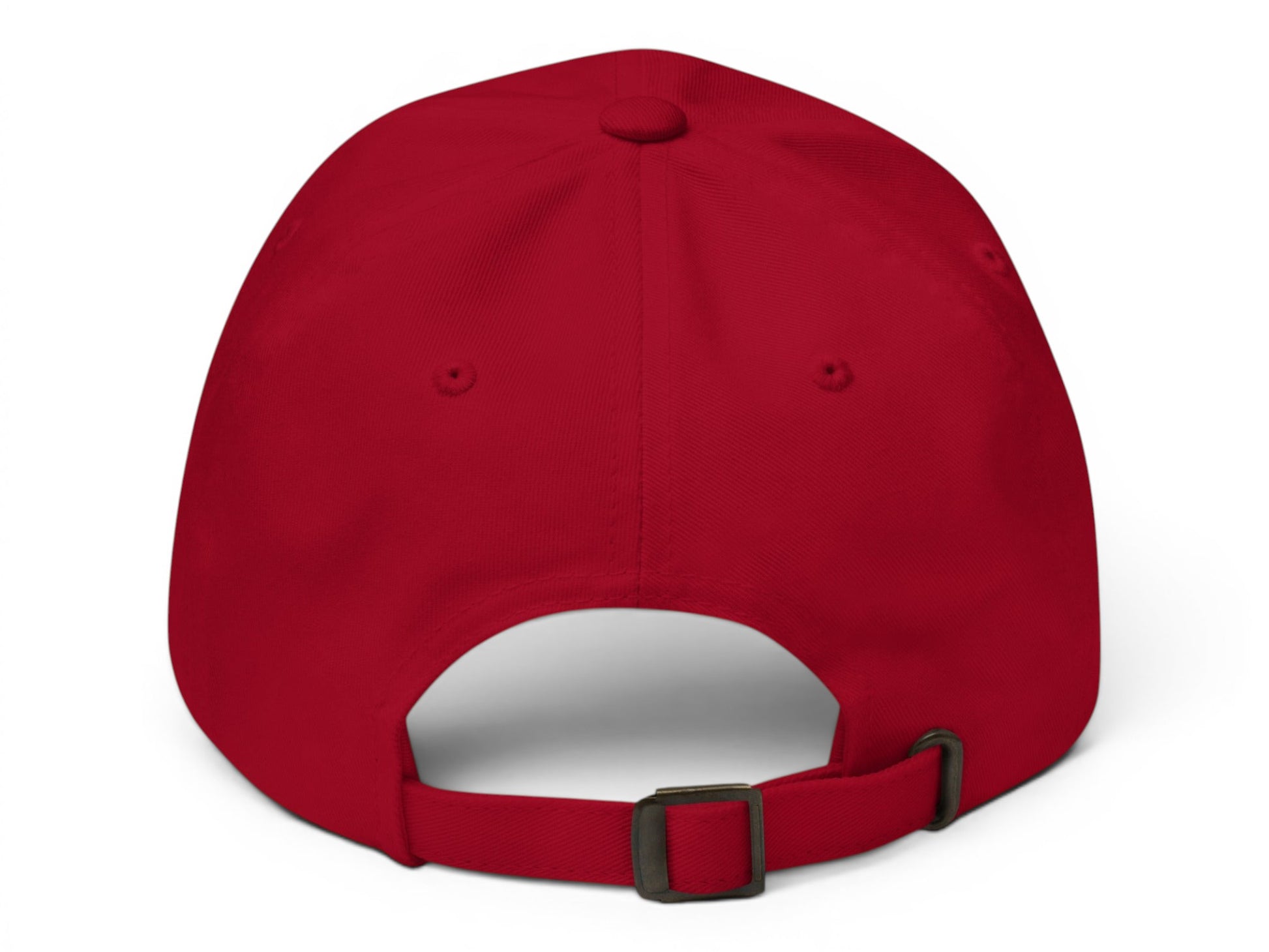 T-Top Vibes red chino cotton twill baseball cap with adjustable strap and antique buckle, rear view.