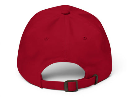 T-Top Vibes red chino cotton twill baseball cap with adjustable strap and antique buckle, rear view.