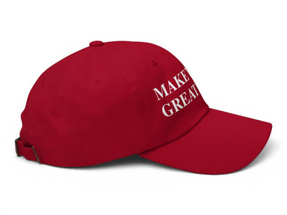 T-Top Vibes red chino cotton twill baseball cap with white embroidered Make T-Tops Great Again text and curved visor