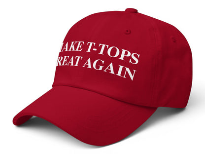 T-Top Vibes red chino cotton twill baseball hat with white embroidered Make T-Tops Great Again text