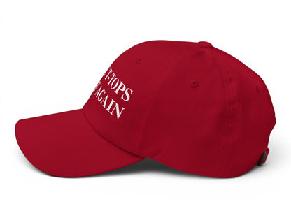 T-Top Vibes red chino cotton twill baseball cap with white embroidered Make T-Tops Great Again text