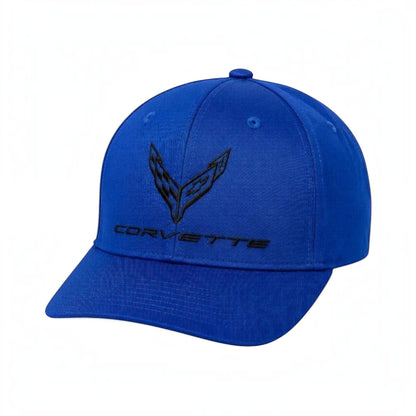 T-Top Vibes royal blue Corvette C8 baseball cap with black embroidered tonal flag logo and adjustable snapback