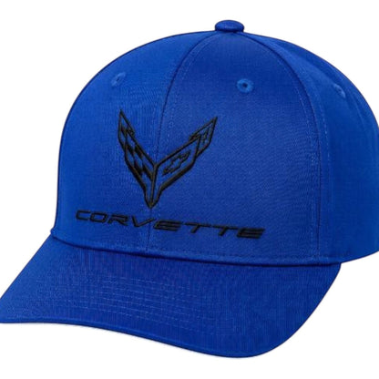 T-Top Vibes royal blue C8 Corvette snapback cap with a black tonal flag logo and structured 6-panel design.