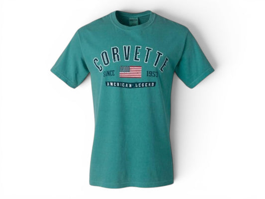 T-Top Vibes seafoam green Comfort Colors cotton t-shirt with vintage Corvette American flag graphic