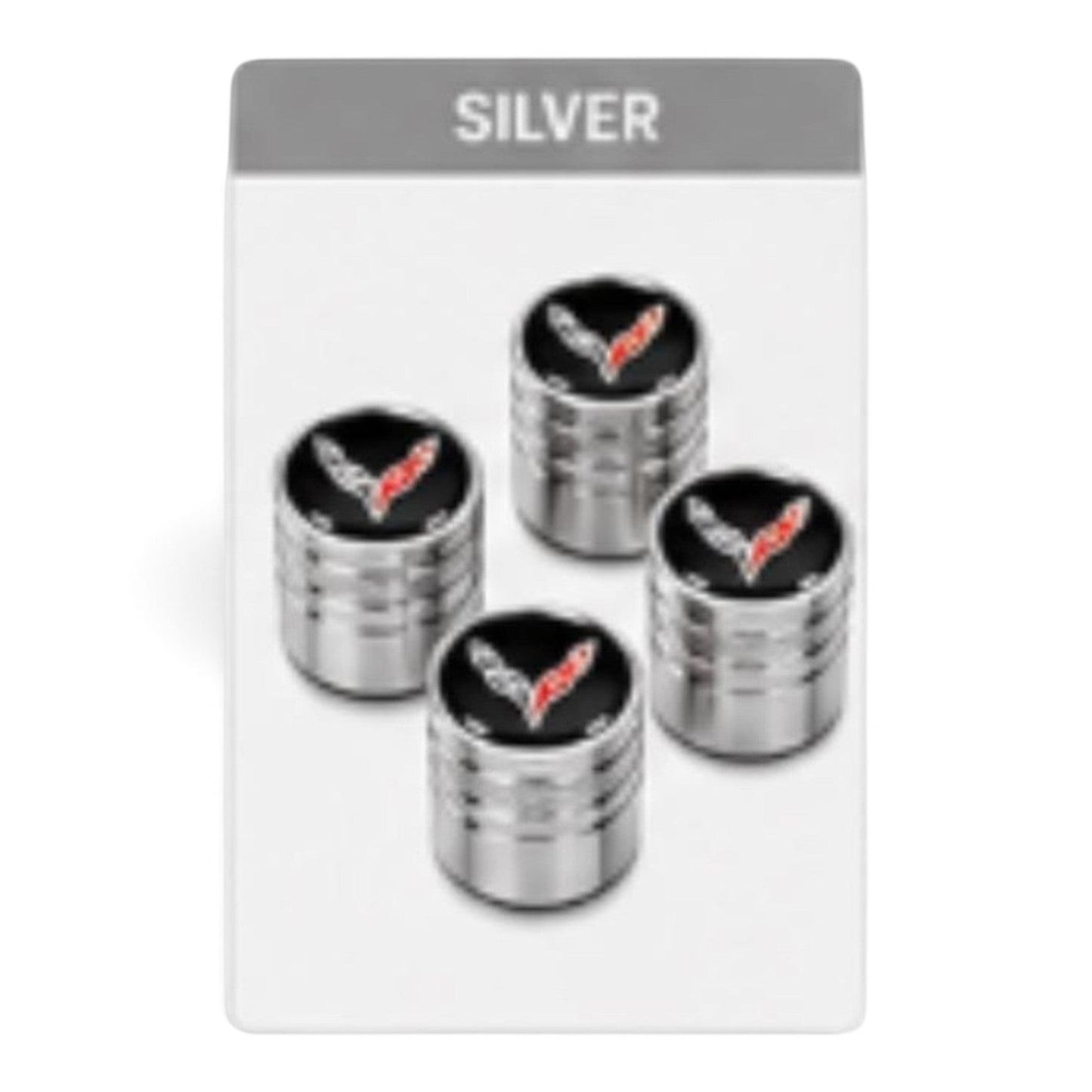 T-Top Vibes silver billet aluminum Corvette C8 valve stem caps with crossed-flags emblem and diamond-cut grip