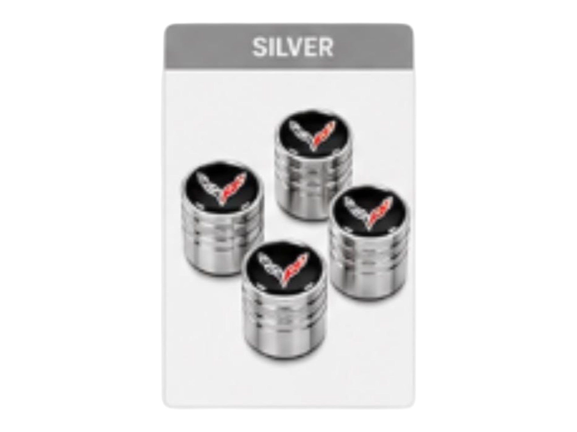 T-Top Vibes set of four silver anodized billet aluminum valve stem caps with Corvette crossed-flags emblem