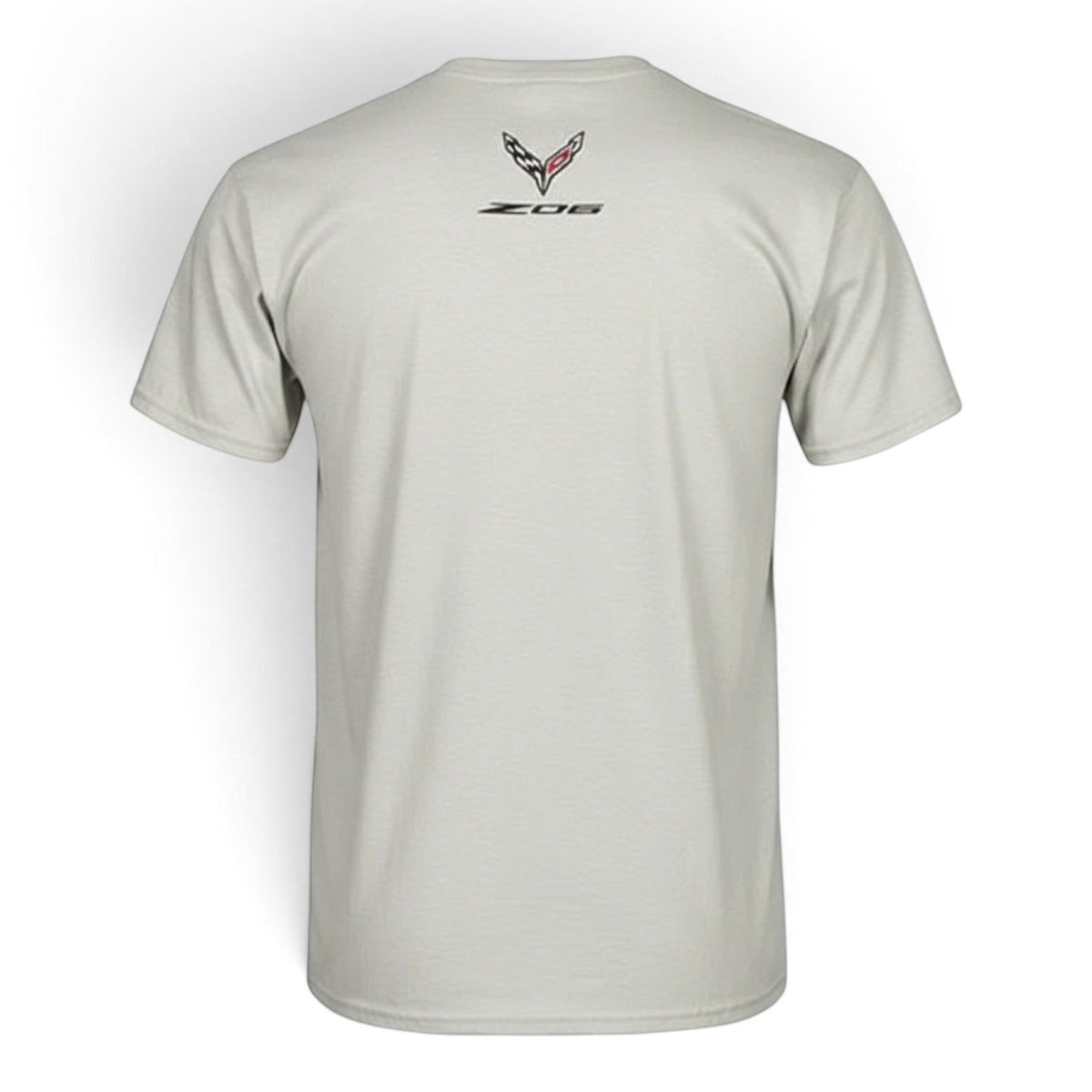 T-Top Vibes silver Corvette Z06 cotton t-shirt showing the back with crossed-flags emblem and Z06 logo detail