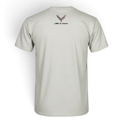 T-Top Vibes silver Corvette Z06 cotton t-shirt showing the back with crossed-flags emblem and Z06 logo detail