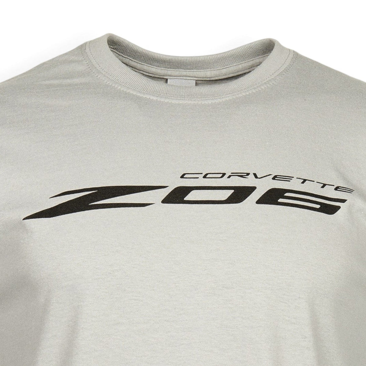 T-Top Vibes silver cotton t-shirt featuring a black Corvette Z06 logo graphic on the chest