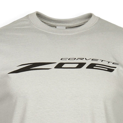 T-Top Vibes silver cotton t-shirt featuring a black Corvette Z06 logo graphic on the chest