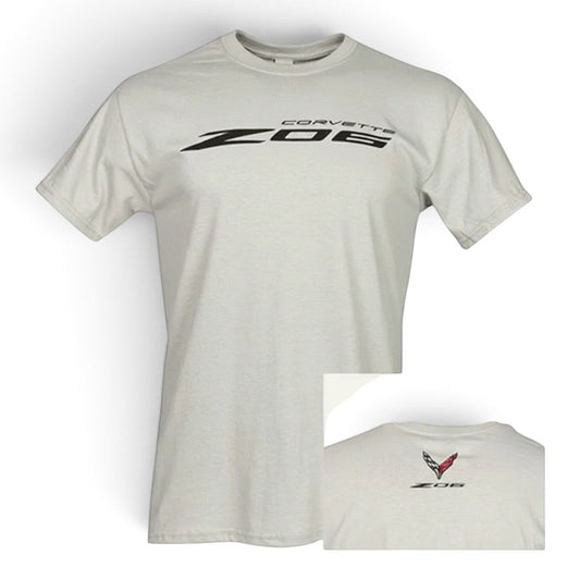 T-Top Vibes silver Corvette Z06 cotton t-shirt with front chest logo and back crossed-flags emblem detail