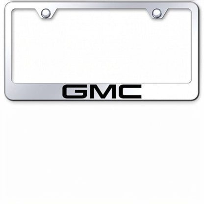 T-Top Vibes silver stainless steel GMC license plate frame with laser-etched logo for US vehicles