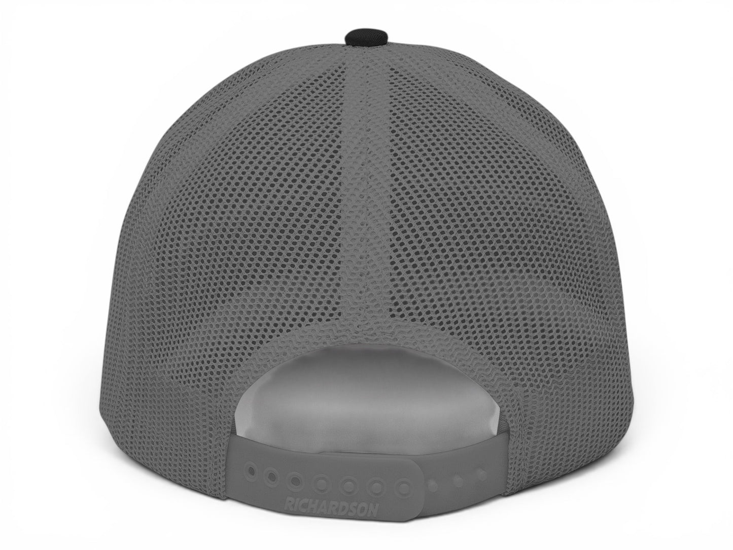 T-Top Vibes silver-gray Richardson 112 trucker hat back view with adjustable snapback closure and breathable mesh