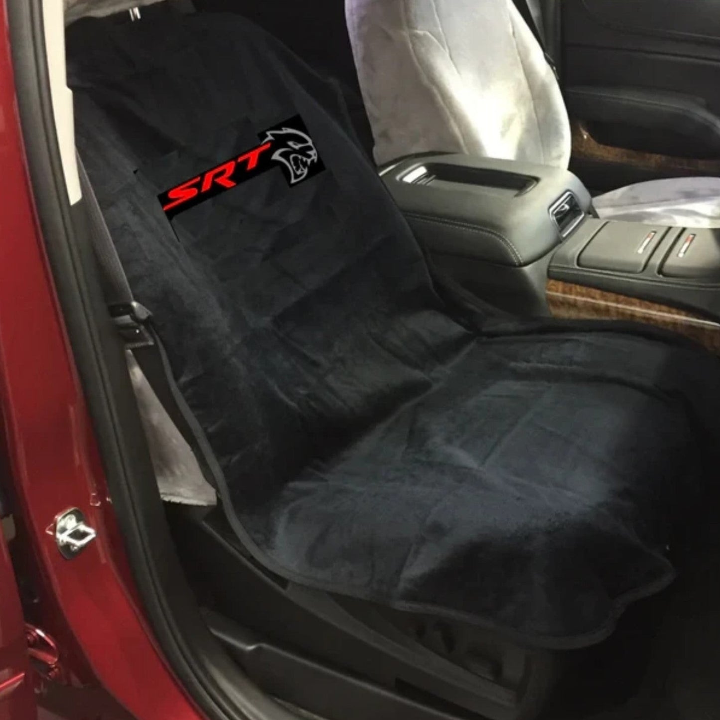 T-Top Vibes SRT Hellcat black cotton terry velour car seat towel installed on a vehicle seat