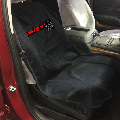 T-Top Vibes SRT Hellcat black cotton terry velour car seat towel installed on a vehicle seat