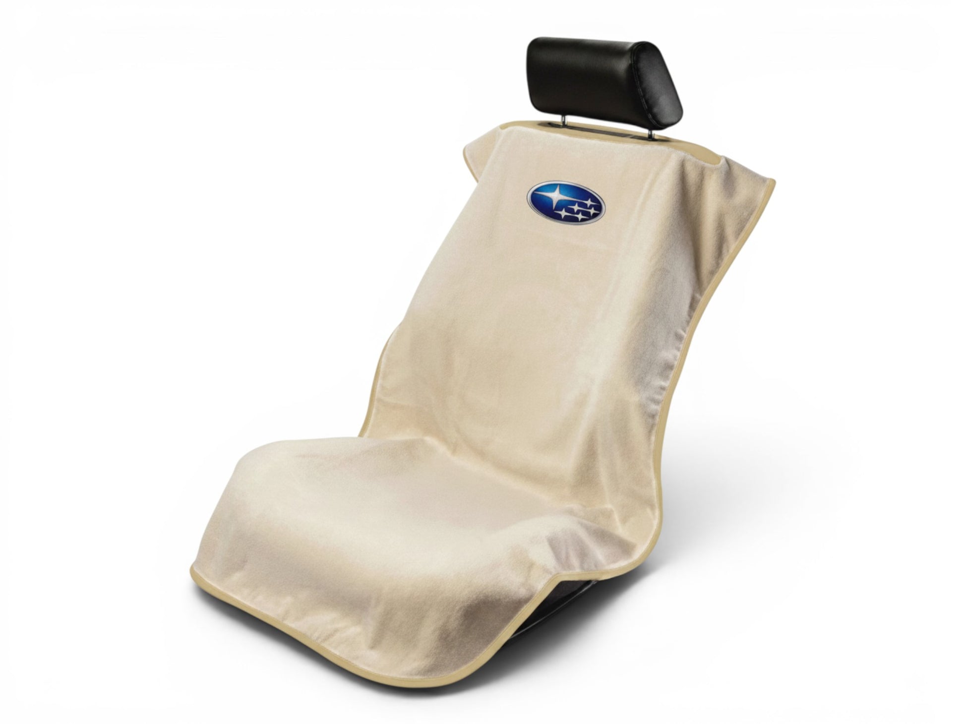 T-Top Vibes Subaru branded beige cotton seat cover towel draped over a car seat for protection against spills and dirt