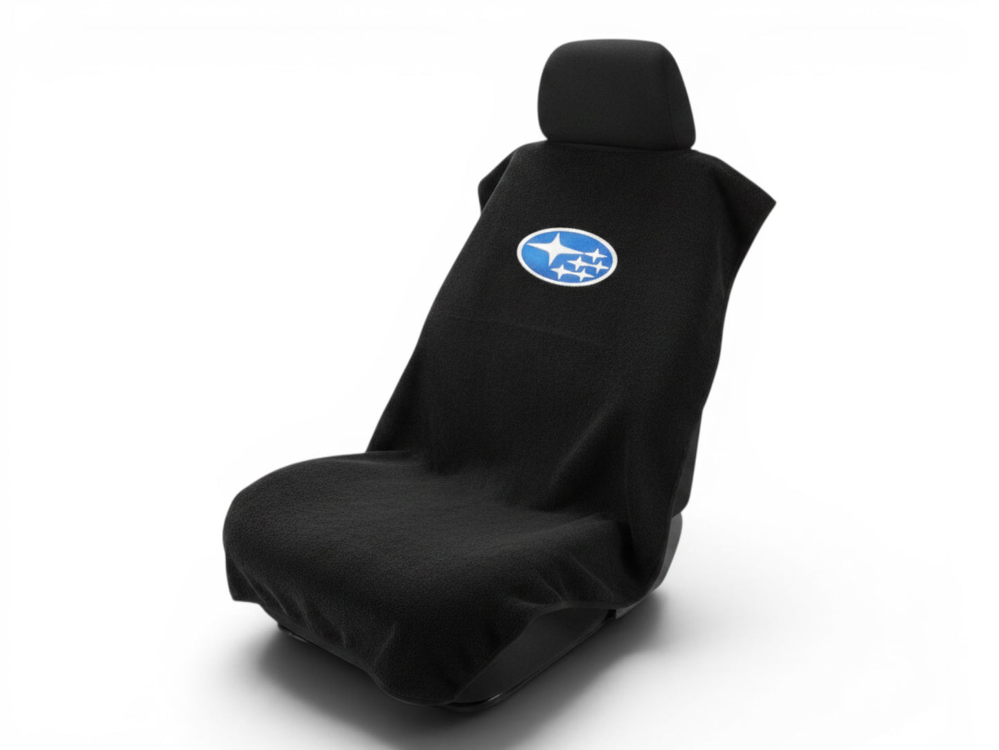 T-Top Vibes Subaru black cotton seat cover towel with blue logo, universal fit for car seats.