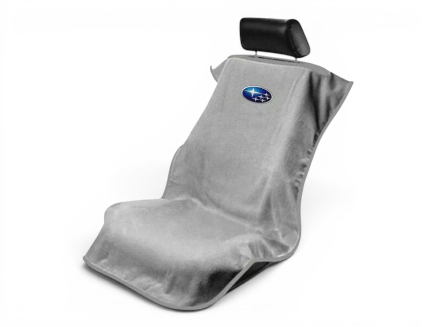 T-Top Vibes Subaru grey cotton seat cover towel draped over a car seat for protection against spills and dirt.