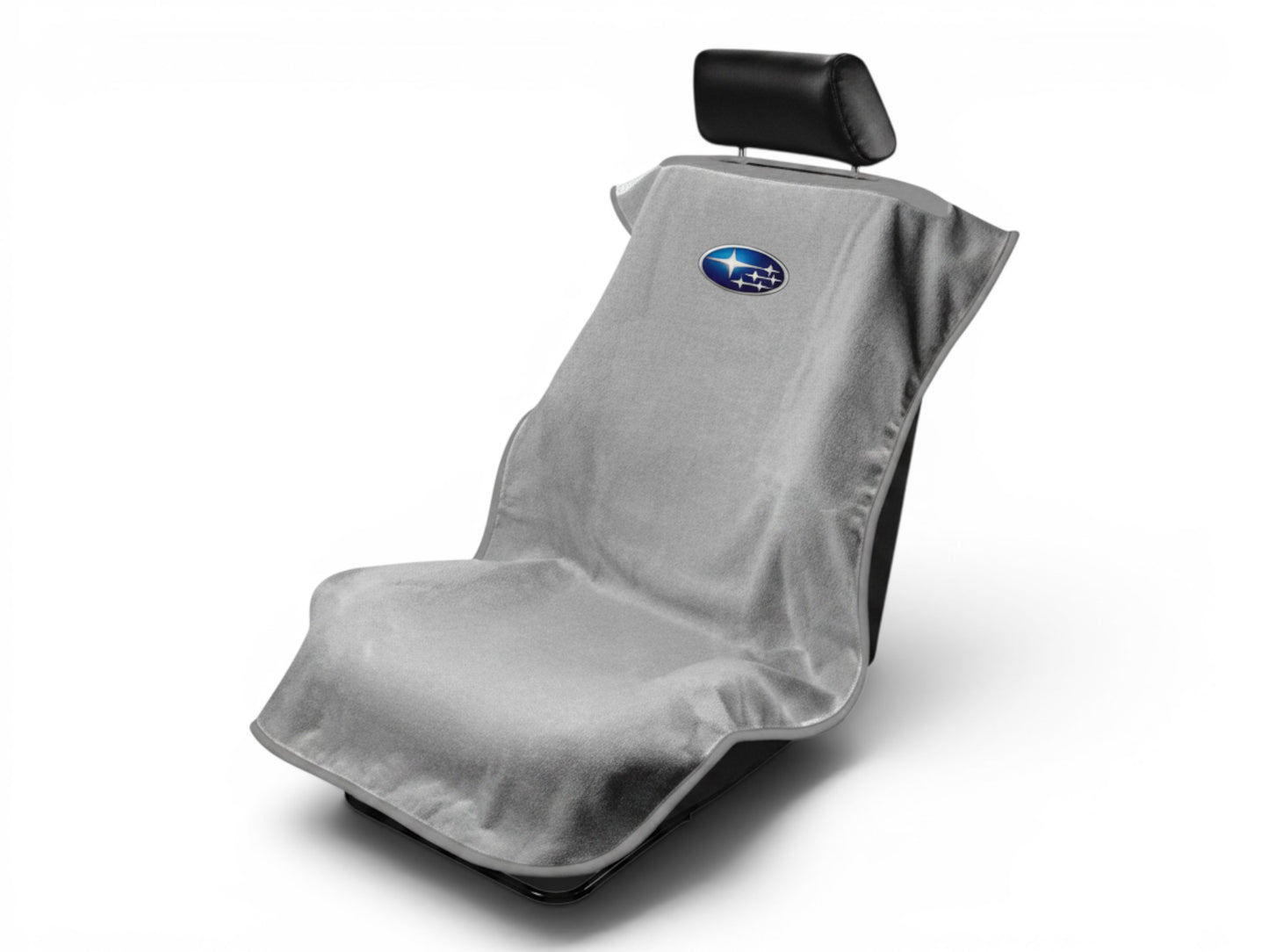 T-Top Vibes grey cotton Subaru seat cover towel draped over a car seat for protection against spills and dirt.