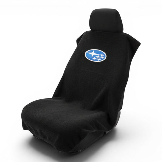 T-Top Vibes black cotton terry velour Subaru car seat cover towel with blue logo for universal vehicle protection