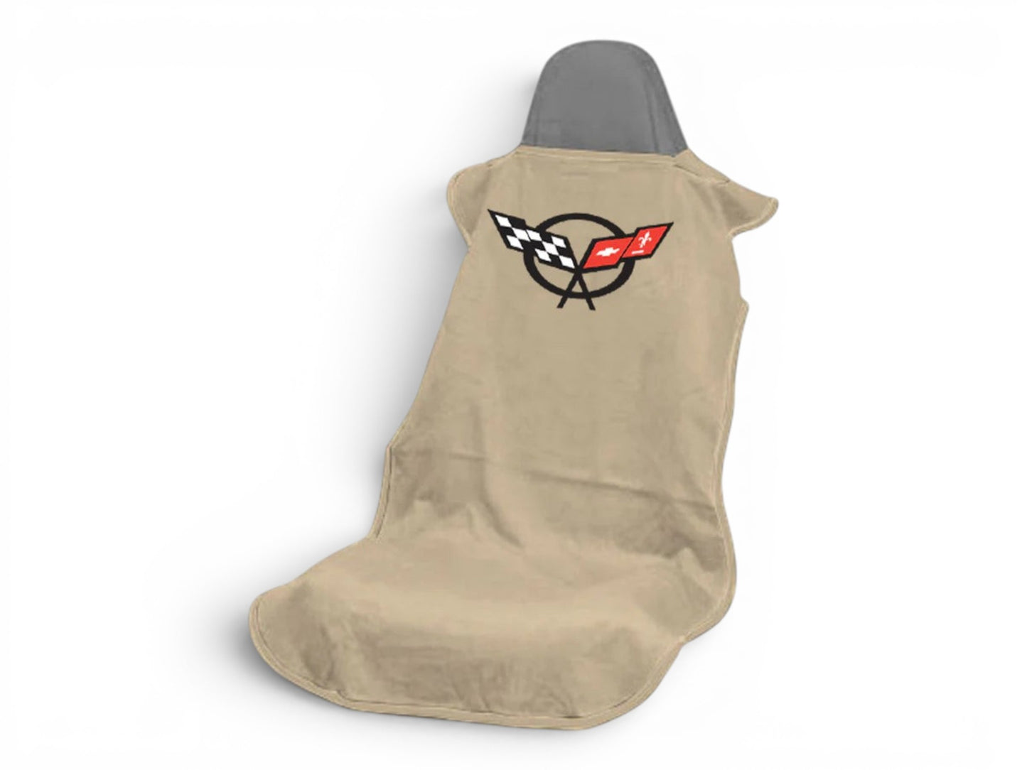 T-Top Vibes tan cotton Corvette C5 seat cover towel with official checkered flag logo for car seat protection