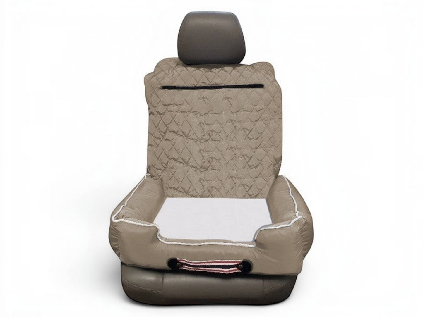 T-Top Vibes universal tan quilted pet bed and car seat cover with zippered storage compartment on a vehicle seat