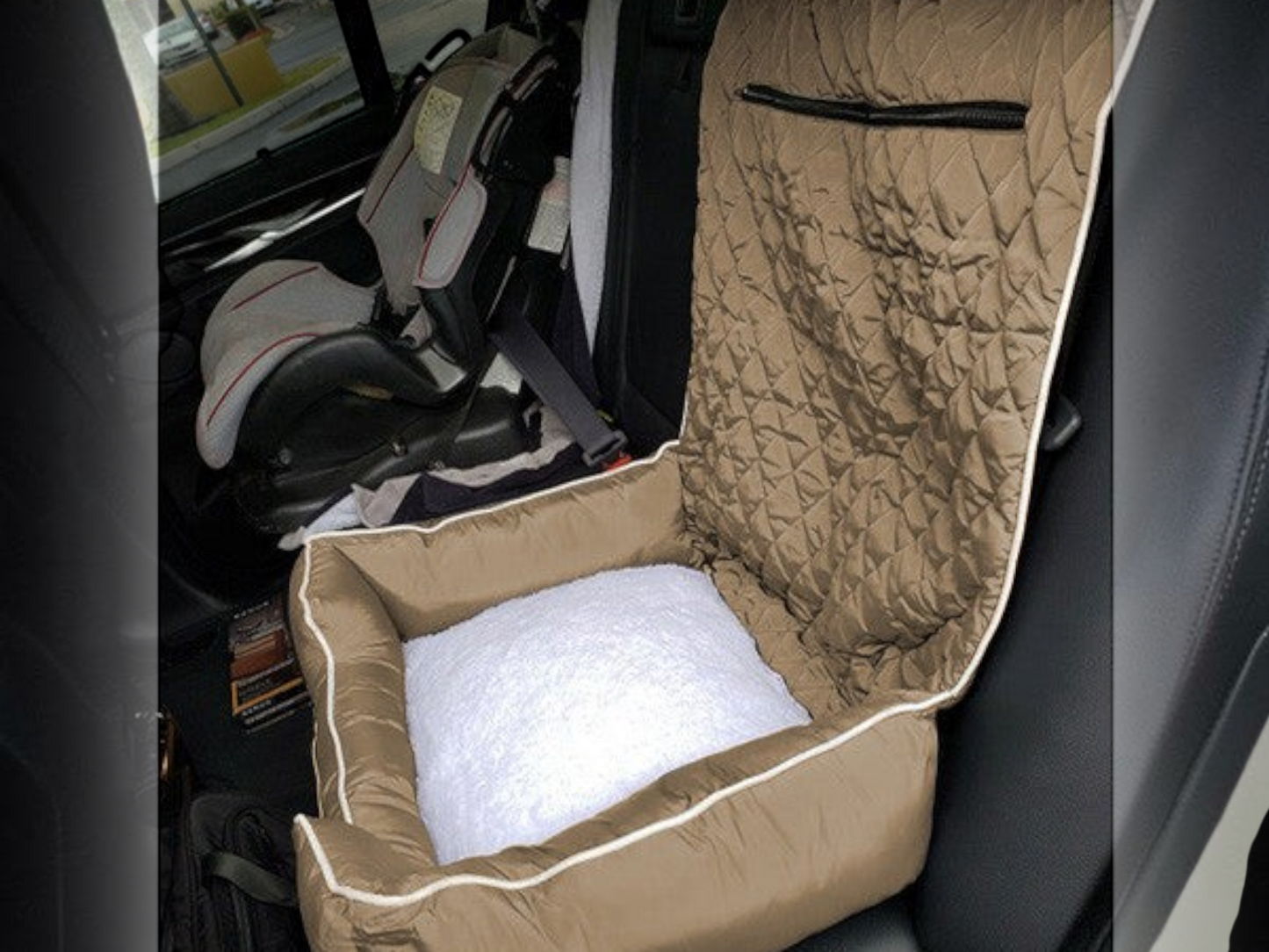 T-Top Vibes tan quilted pet bed and car seat cover with white interior installed on a vehicle seat.