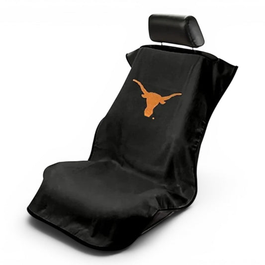T-Top Vibes black cotton terry velour car seat towel featuring the orange Texas Longhorns logo for universal fit