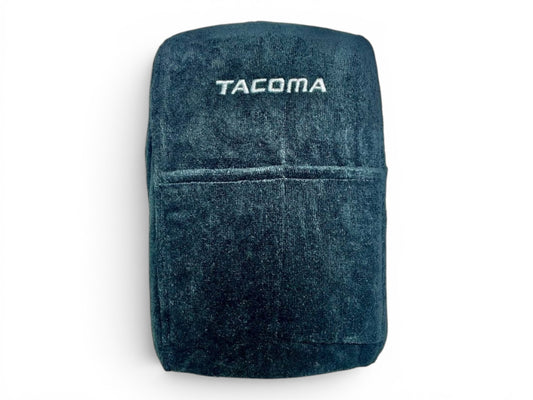 T-Top Vibes black cotton terry velour center console cover for Toyota Tacoma with embroidered Tacoma logo