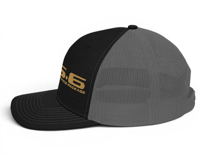T-Top Vibes black and grey trucker hat with gold embroidered Pontiac Trans Am WS6 design and adjustable snapback