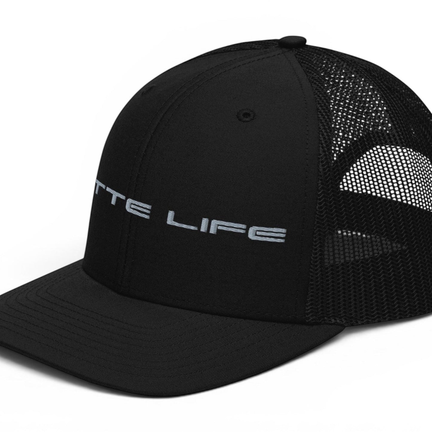 T-Top Vibes black trucker cap with Vette Life embroidered on the front, featuring a structured fit and mesh back.