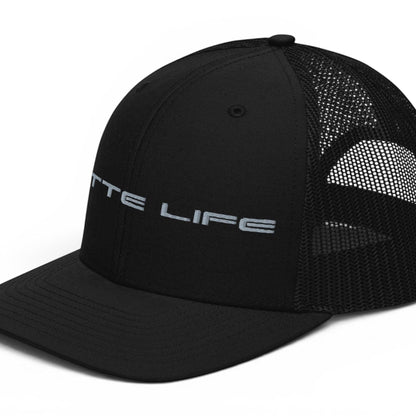 T-Top Vibes black trucker cap with Vette Life embroidered on the front, featuring a structured fit and mesh back.
