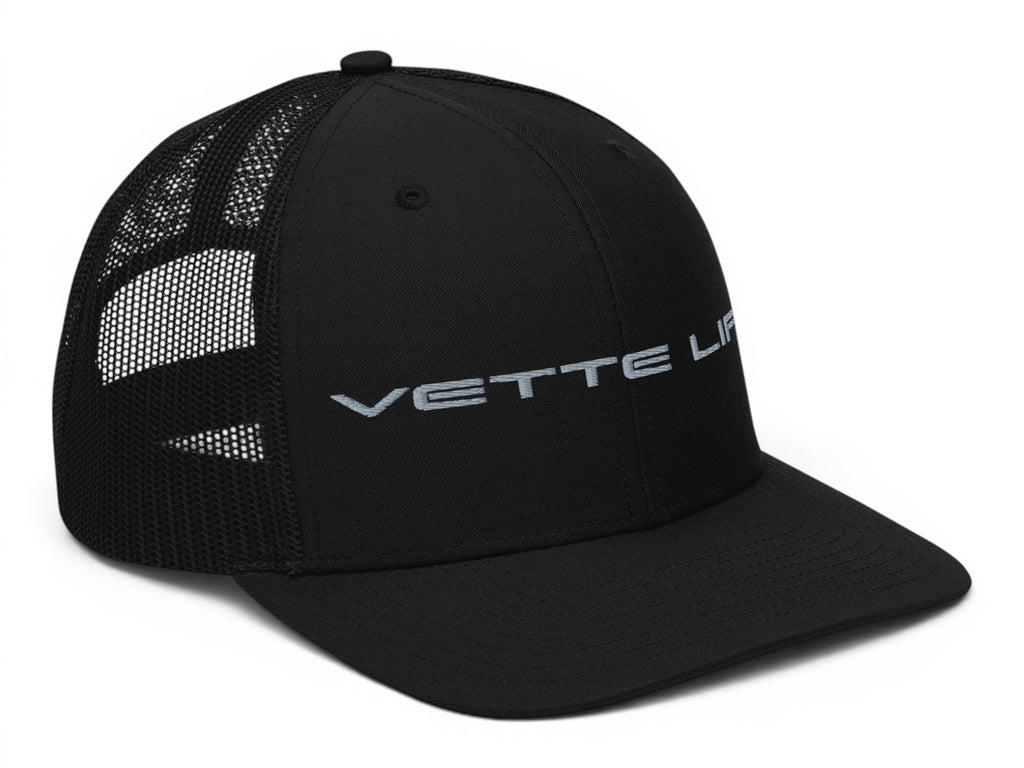 T-Top Vibes black trucker hat with Vette Life embroidery, structured front panels, and breathable mesh back.