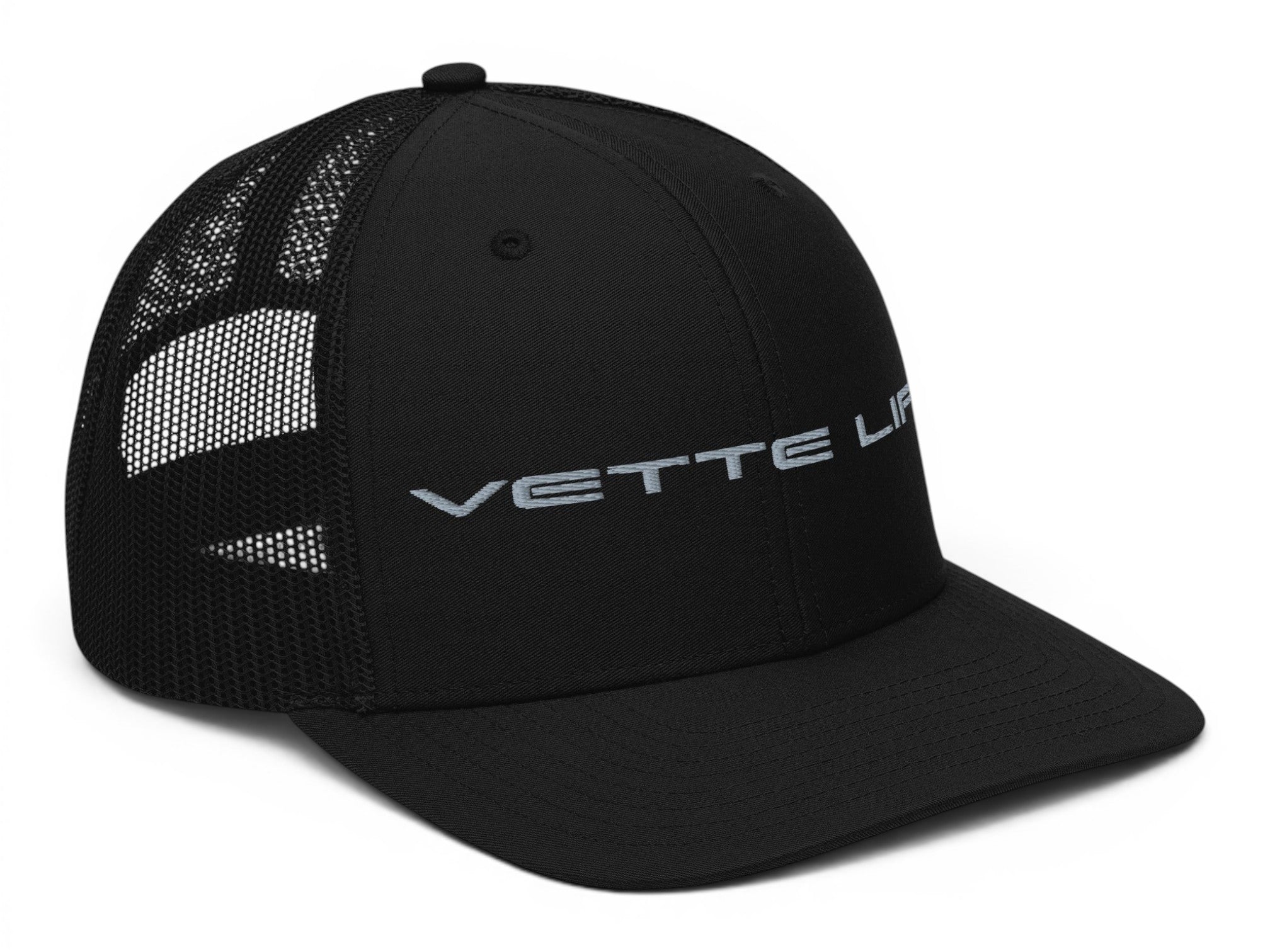 T-Top Vibes black trucker hat with Vette Life embroidery, structured front panels, and breathable mesh back.