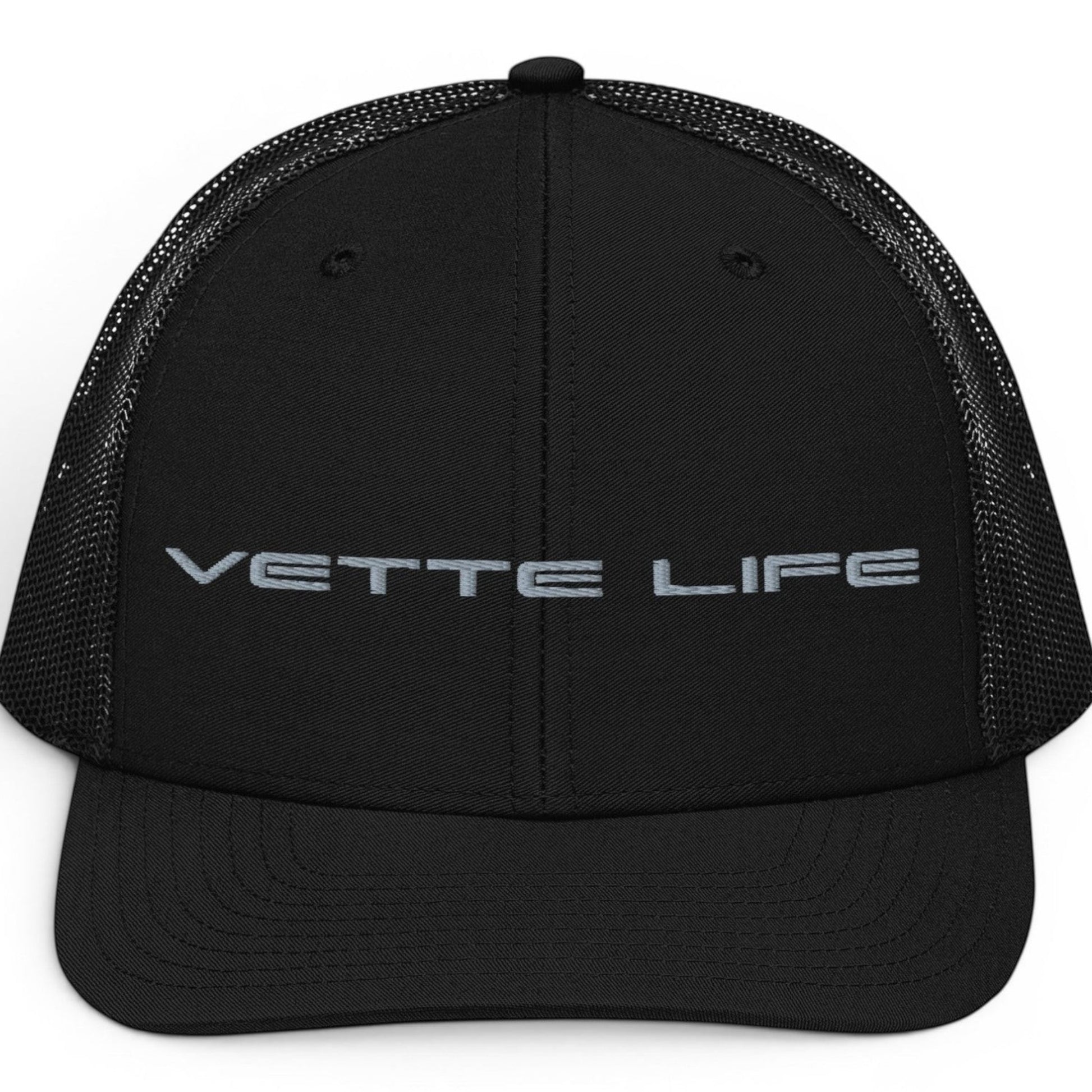 T-Top Vibes black trucker hat with Vette Life embroidered in grey on the structured front panel and mesh back