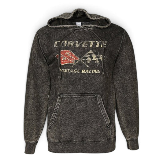 T-Top Vibes stone-washed black pullover hoodie featuring a vintage distressed Corvette racing graphic and front pocket.