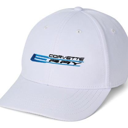 T-Top Vibes white Corvette E-Ray performance cap with moisture-wicking fabric and UPF 50+ sun protection.