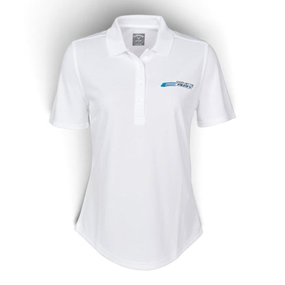 T-Top Vibes ladies white Callaway performance polo featuring an embroidered Corvette E-Ray emblem on the chest.