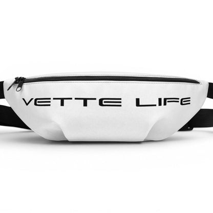 T-Top Vibes white Corvette Vette Life fanny pack with black text and adjustable strap for travel and car shows
