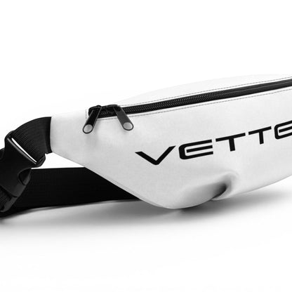 T-Top Vibes white Corvette Vette Life fanny pack with black adjustable strap and dual zipper pulls