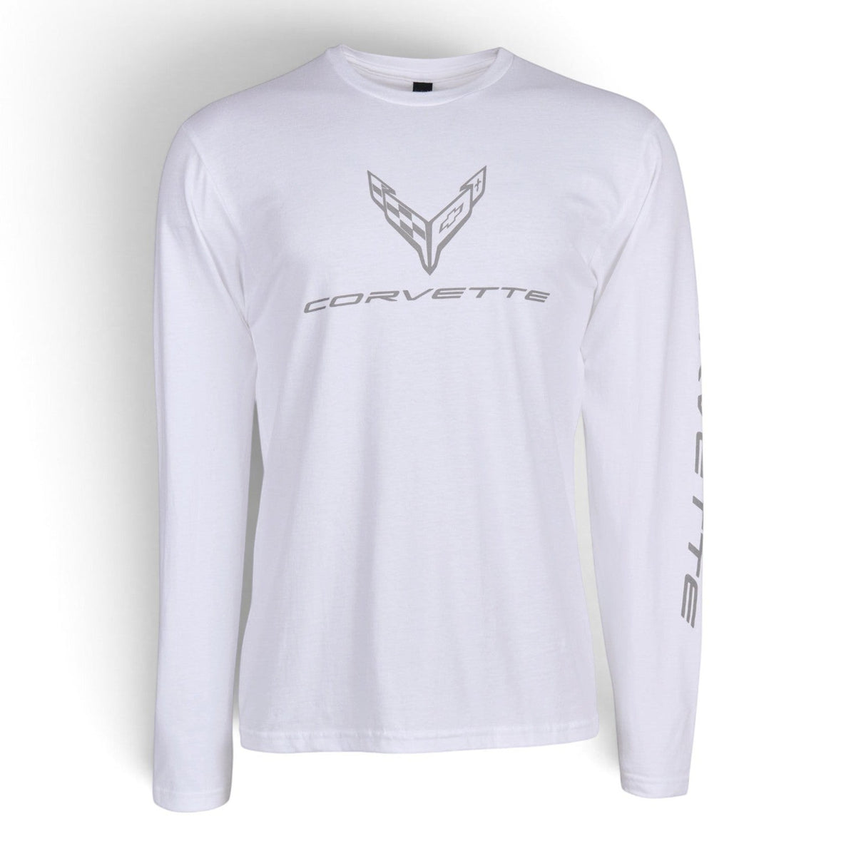 T-Top Vibes white long-sleeve cotton t-shirt featuring a grey Corvette C8 chest logo and sleeve lettering