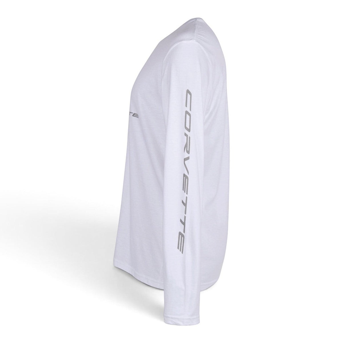T-Top Vibes white long-sleeve Corvette C8 t-shirt with logo on chest and Corvette lettering down the left sleeve