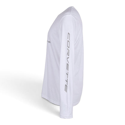 T-Top Vibes white long-sleeve Corvette C8 t-shirt with logo on chest and Corvette lettering down the left sleeve