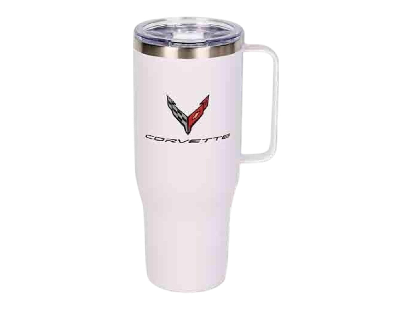 T-Top Vibes white 40oz stainless steel Corvette insulated travel tumbler with ergonomic handle and clear lid