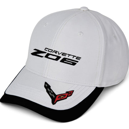 T-Top Vibes white Corvette C8 Z06 cap featuring black embroidered branding and a crossed-flags logo on the bill