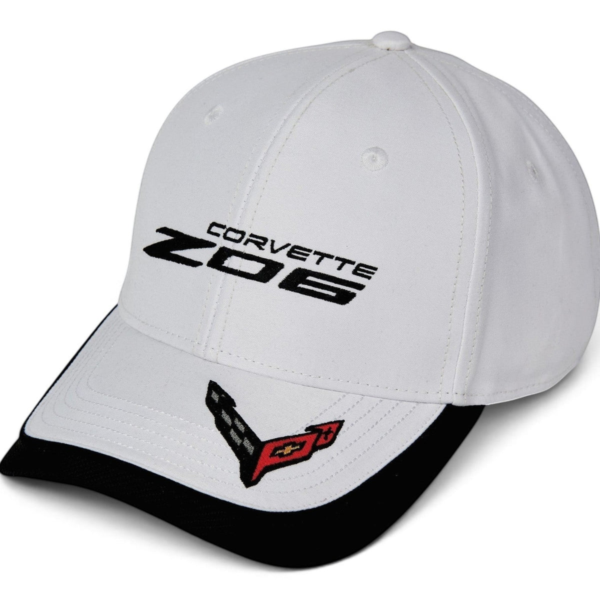 T-Top Vibes white Corvette C8 Z06 cap featuring black embroidered branding and a crossed-flags logo on the bill