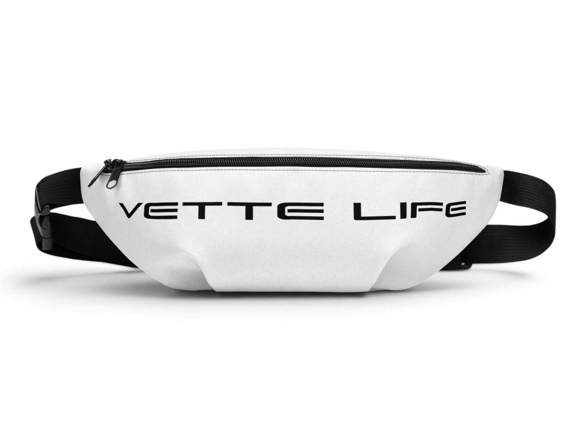 T-Top Vibes white Corvette Vette Life fanny pack with black text and adjustable waist strap