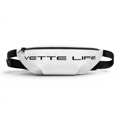 T-Top Vibes white polyester fanny pack with Vette Life text, featuring a black adjustable waist strap and zipper.