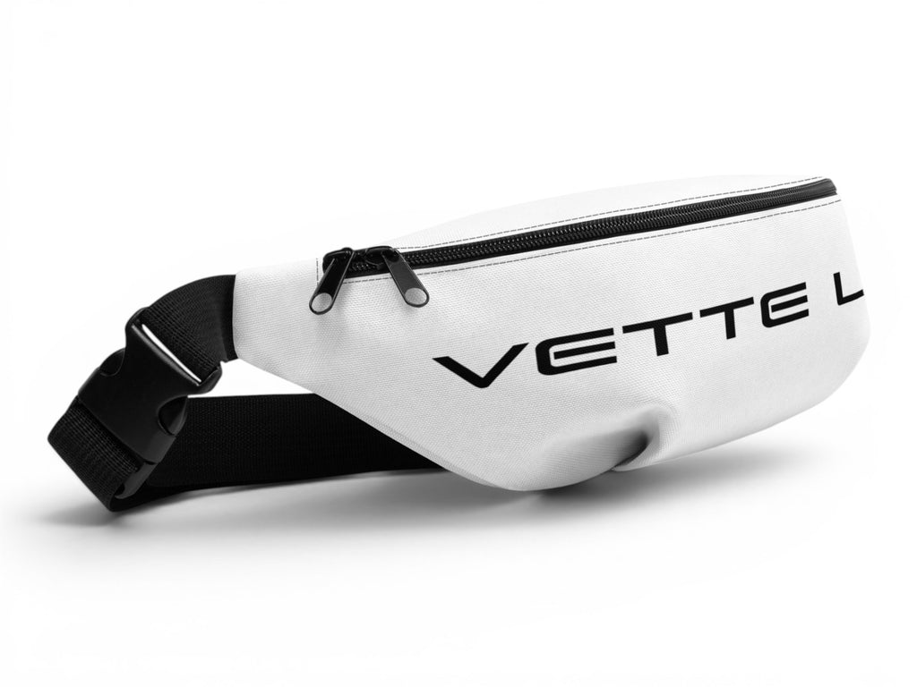 T-Top Vibes white Vette Life fanny pack with black text, adjustable strap, and durable water-resistant polyester.